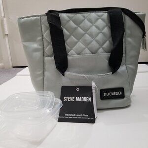 Steve Madden brand lunch bag/tote with small clear container with lid inside.